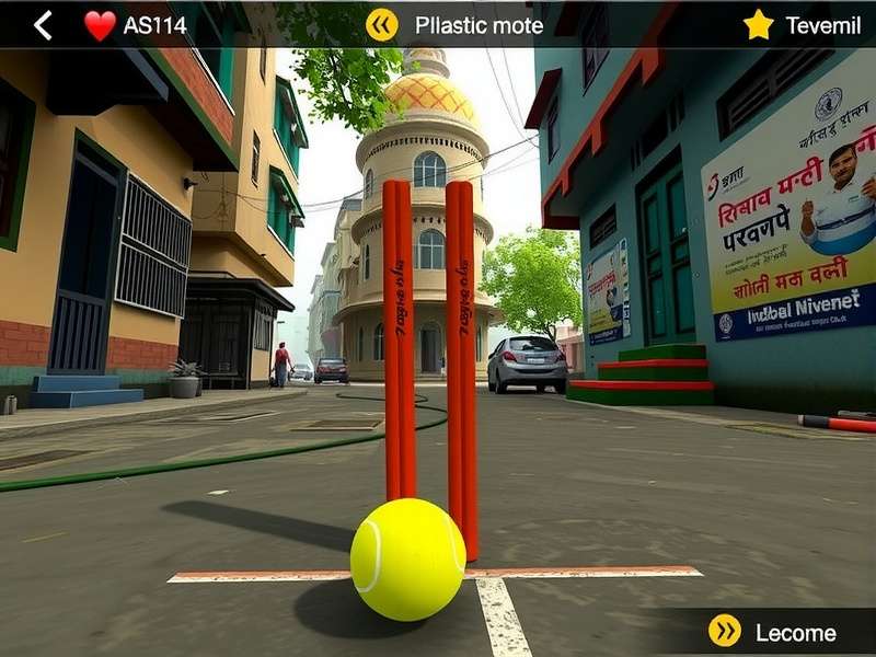 India Cricket Stars 19 Gameplay Screenshot showing gully cricket mode with plastic stumps and tennis ball in a Mumbai chawl